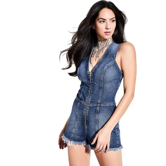 Guess Women's Large Denim Jean Sleeveless Romper VNeck Festival Club Summer Sexy - Picture 1 of 13